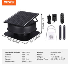 Solar Attic Fan, 40 W, 1230 CFM Large Air Flow Solar Roof Vent Fan, Low Noise and Weatherproof with 110V Smart Adapter, Ideal for Home, Greenhouse, Garage, Shop, RV, FCC Listed