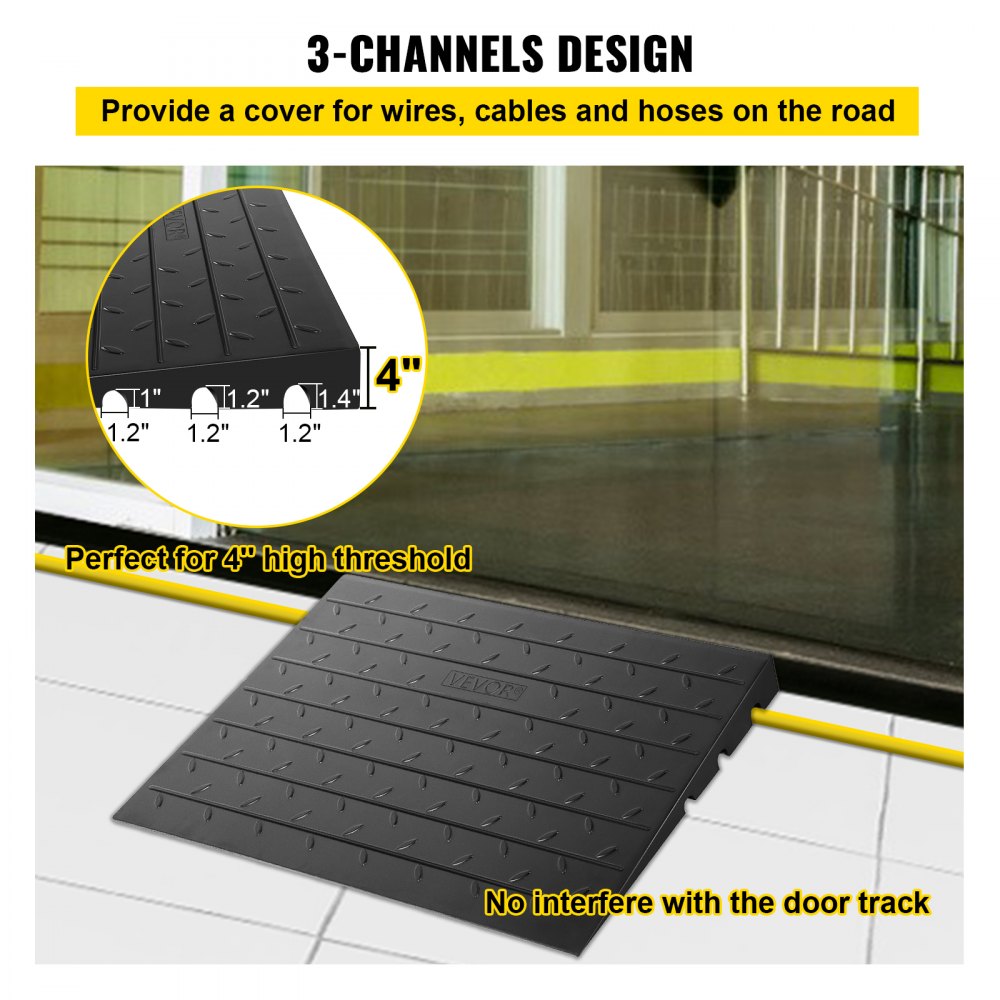 Rubber Threshold Ramp, 4" Rise Threshold Ramp Doorway, 3 Channels Cord Cover Rubber Solid Threshold Ramp, Rubber Angled Entry Rated 2200 Lbs Load Capacity for Wheelchair and Scooter