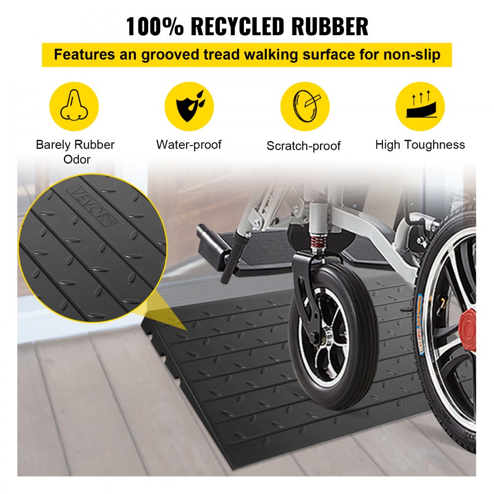 Rubber Threshold Ramp, 4" Rise Threshold Ramp Doorway, 3 Channels Cord Cover Rubber Solid Threshold Ramp, Rubber Angled Entry Rated 2200 Lbs Load Capacity for Wheelchair and Scooter