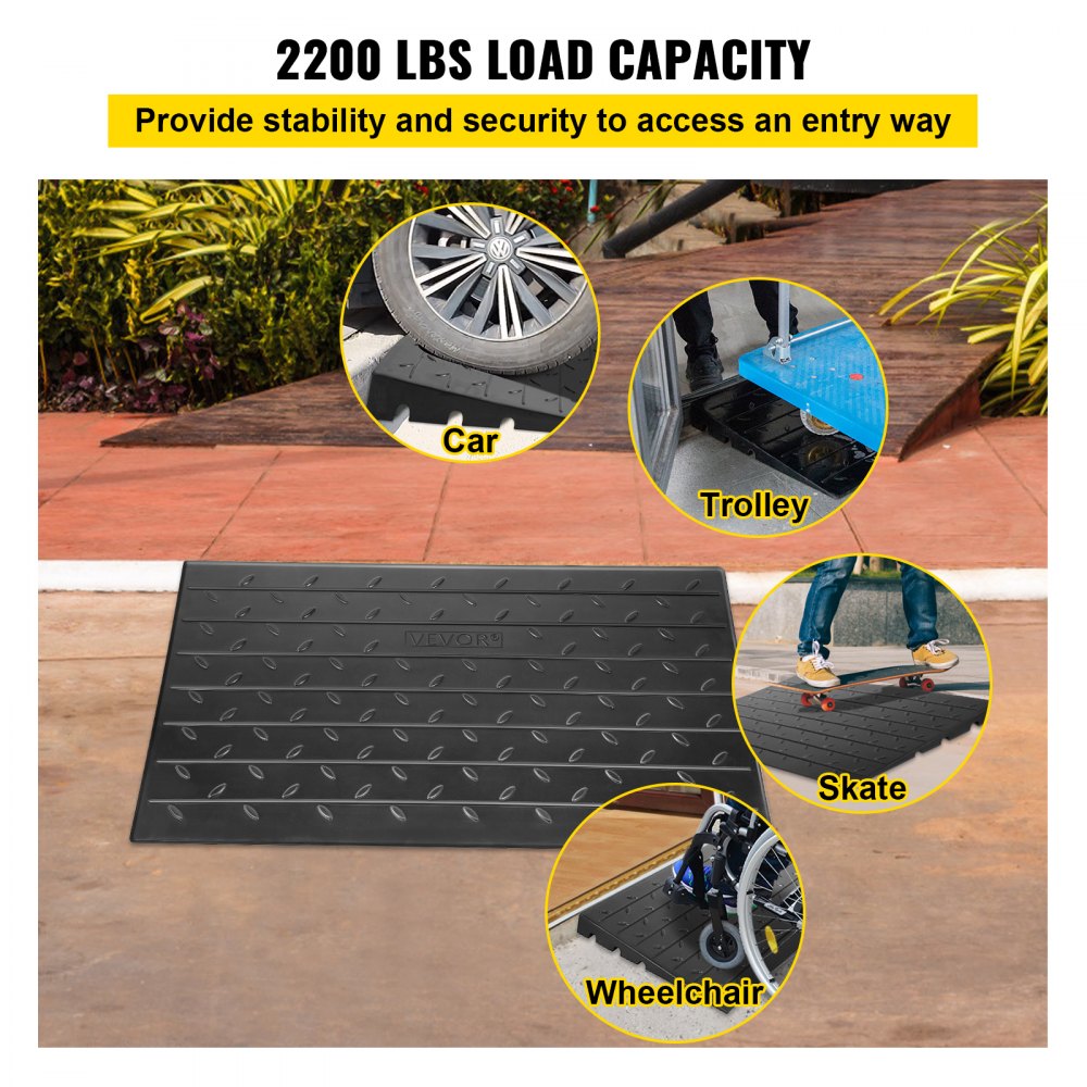 Rubber Threshold Ramp, 4" Rise Threshold Ramp Doorway, 3 Channels Cord Cover Rubber Solid Threshold Ramp, Rubber Angled Entry Rated 2200 Lbs Load Capacity for Wheelchair and Scooter