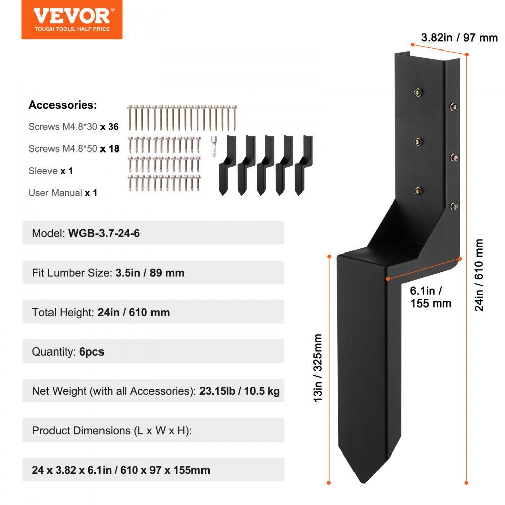 Fence Post Anchor Repair Kit, 6 Pack Inner Diameter 3.5 x3.5 Inches Heavy Duty Steel Fence Post Support Stakes, Anchor Ground Spike for Repair Tilted, Broken Wood Fence Post, Enveloping