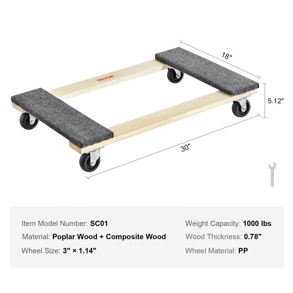 Furniture Dolly, 1000 lbs Load Capacity, 18" x 30", 4 x 3" PP Swivel Casters, Heavy Duty Hardwood Furniture Moving Dolly, Mover`s Dolly, Moving Cart with Wheels for Heavy Furniture Home Cleaning