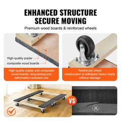 Furniture Dolly, 1000 lbs Each Load Capacity, 2 Packs, 18" x 30", 8 x 3" PP Swivel Casters, Heavy Duty Hardwood Furniture Moving Dolly, Mover`s Dolly, Moving Cart with Wheels for Heavy Furniture