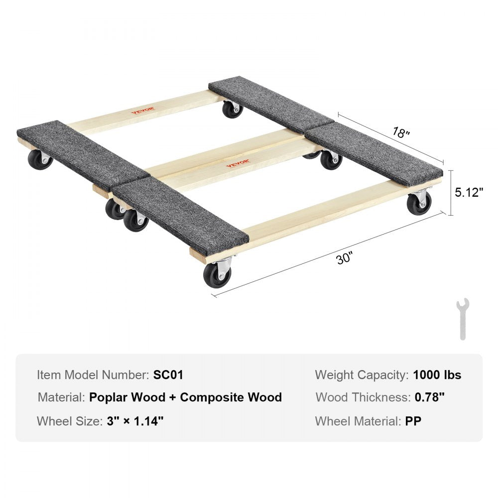 Furniture Dolly, 1000 lbs Each Load Capacity, 2 Packs, 18" x 30", 8 x 3" PP Swivel Casters, Heavy Duty Hardwood Furniture Moving Dolly, Mover`s Dolly, Moving Cart with Wheels for Heavy Furniture