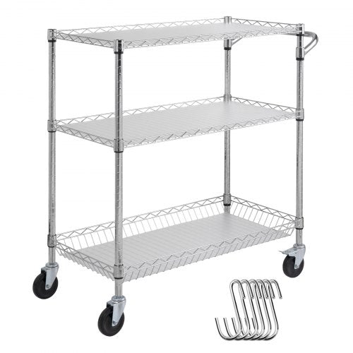 3-Tier Utility Cart Rolling Cart on Wheels 35"x18"x35.5" 661 LBS 6 Hooks