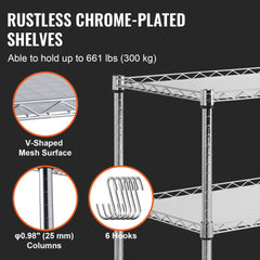 3-Tier Utility Cart Rolling Cart on Wheels 35"x18"x35.5" 661 LBS 6 Hooks