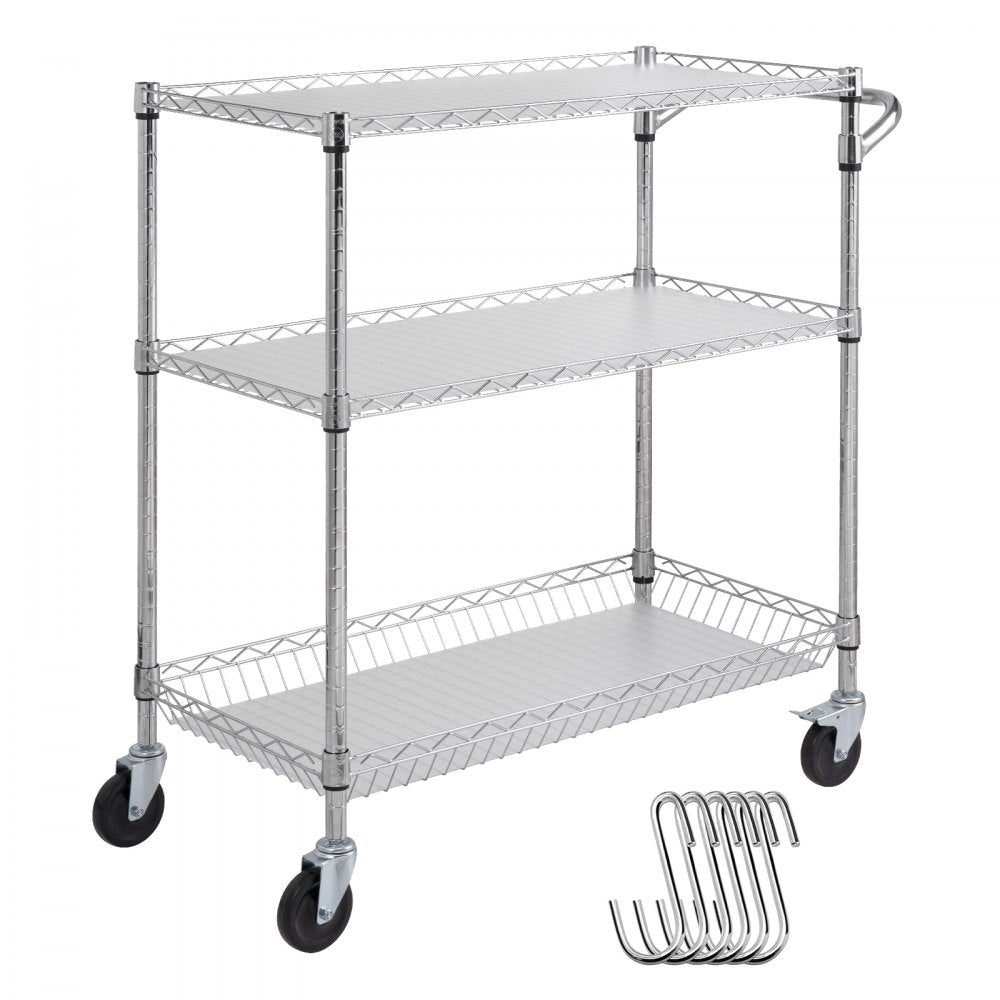 3-Tier Utility Cart Rolling Cart on Wheels 35"x18"x35.5" 661 LBS 6 Hooks