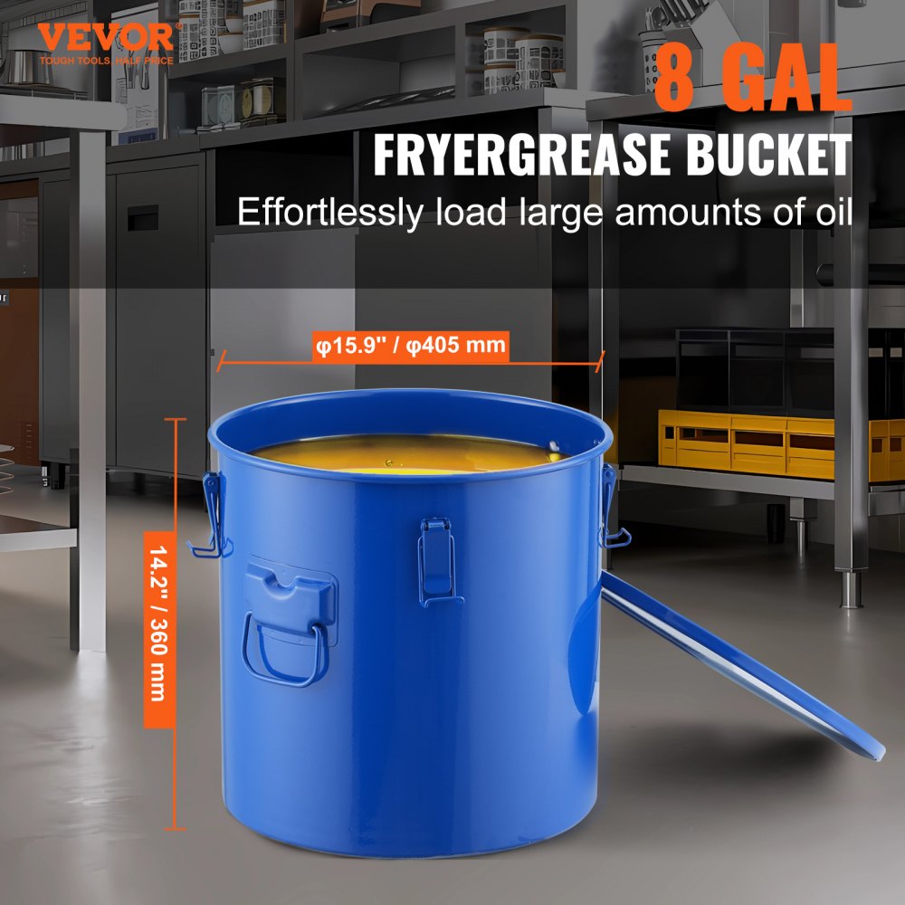 Fryer Grease Bucket, 8 Gal Oil Disposal Caddy Carbon Steel Fryer Oil Bucket with Rust-Proof Coating, Oil Transport Container with Lid, Lock Clips, Filter Bag for Hot Cooking Oil Filtering, Blue