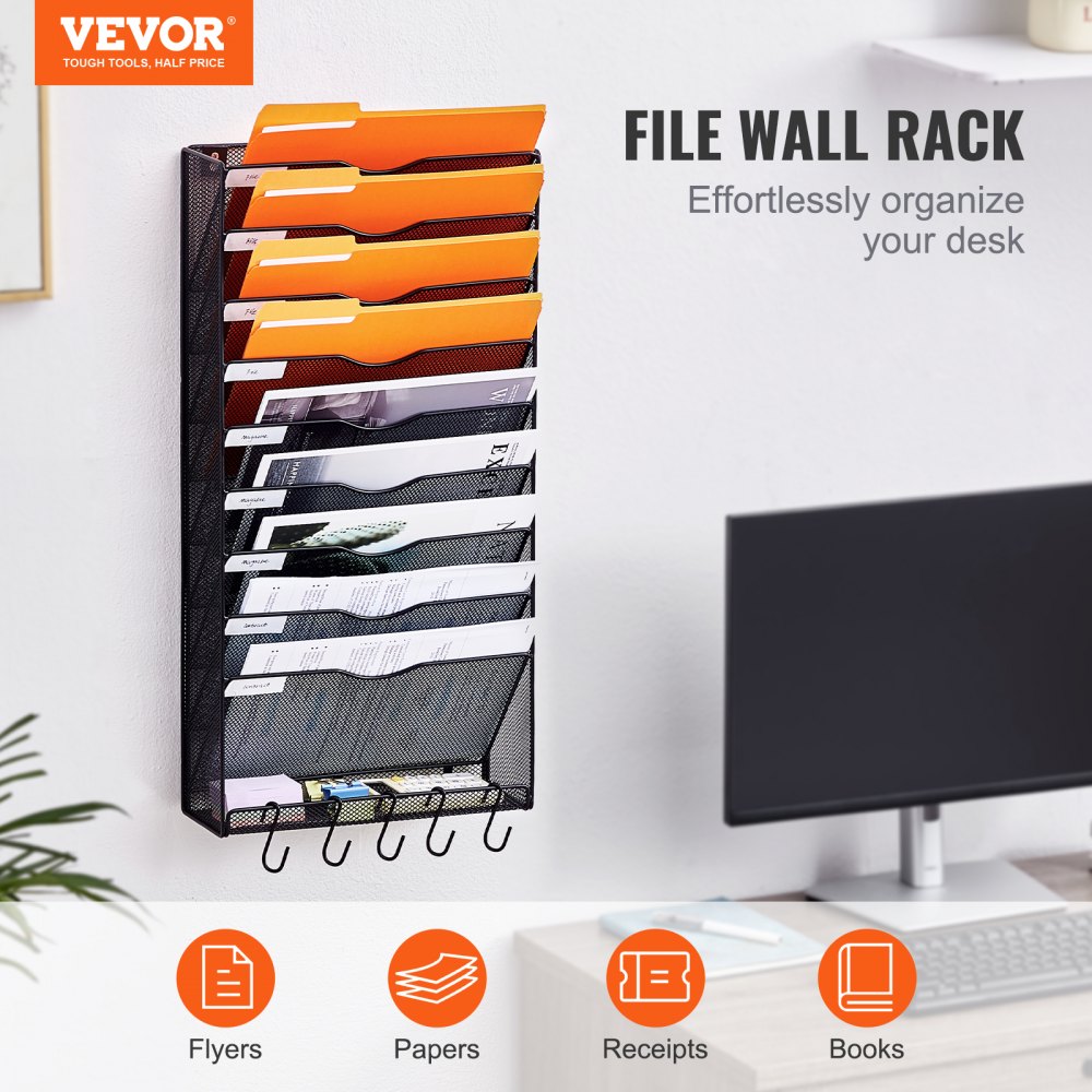 Hanging Wall Files Organizer, 10-Tier Vertical Wall File Holder, Metal Wall Mounted Magazine Mail Paper Document Storage Folder, with Nametag Label, Bottom Flat Tray, for Office Home & School