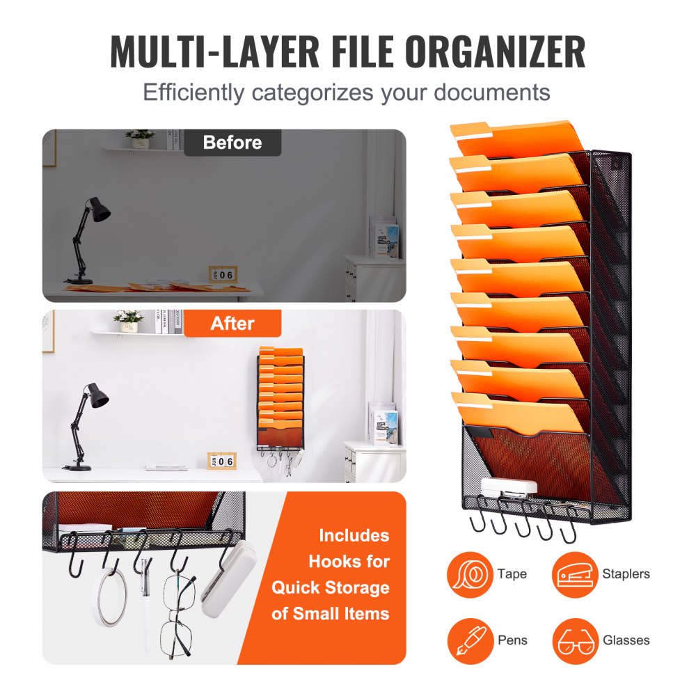 Hanging Wall Files Organizer, 10-Tier Vertical Wall File Holder, Metal Wall Mounted Magazine Mail Paper Document Storage Folder, with Nametag Label, Bottom Flat Tray, for Office Home & School