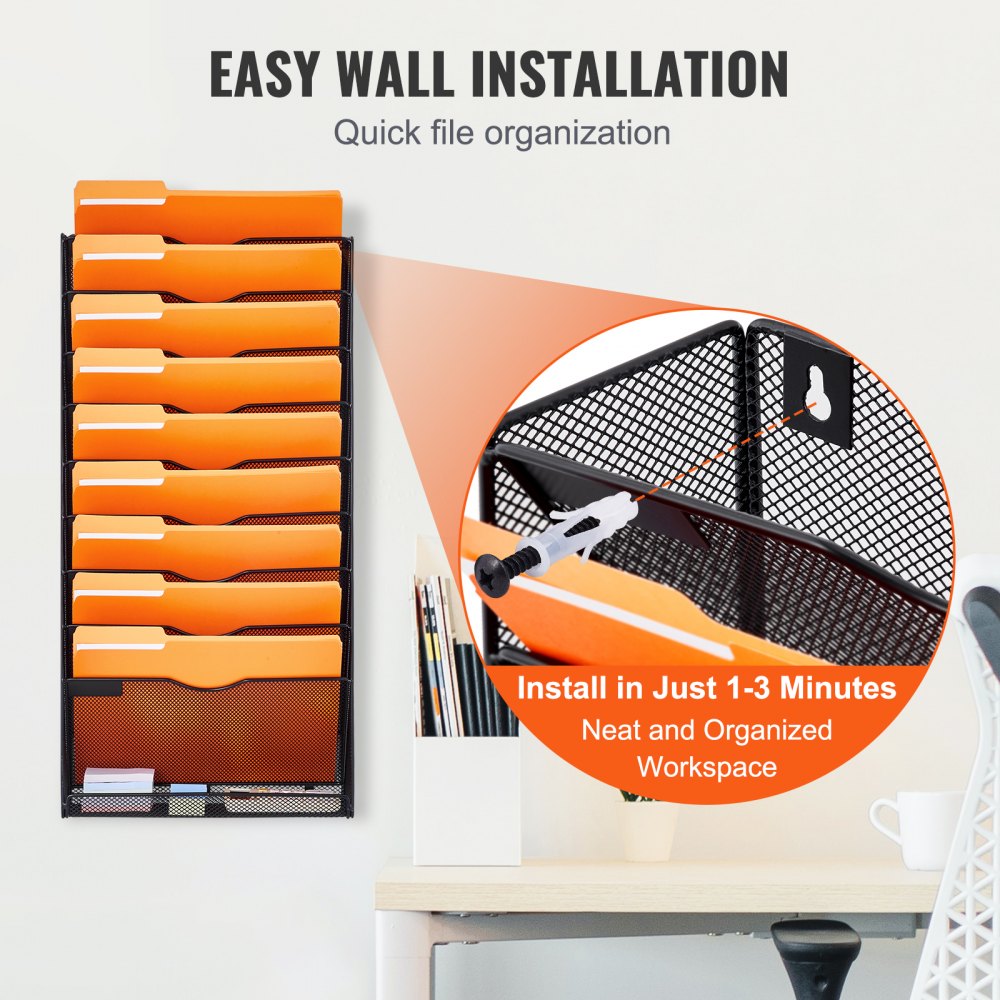 Hanging Wall Files Organizer, 10-Tier Vertical Wall File Holder, Metal Wall Mounted Magazine Mail Paper Document Storage Folder, with Nametag Label, Bottom Flat Tray, for Office Home & School