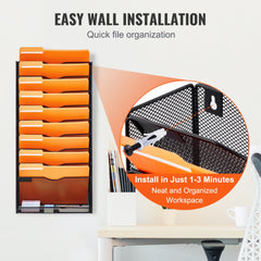 Hanging Wall Files Organizer, 10-Tier Vertical Wall File Holder, Metal Wall Mounted Magazine Mail Paper Document Storage Folder, with Nametag Label, Bottom Flat Tray, for Office Home & School