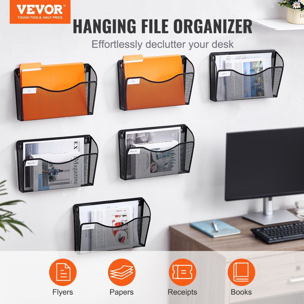 Hanging Wall Files Organizer, 6 Pack Single Pocket Mesh Wall File Holder, Metal Wall Folder Organizer with Nametag Label, for Office Home & School