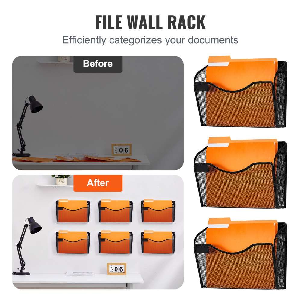 Hanging Wall Files Organizer, 6 Pack Single Pocket Mesh Wall File Holder, Metal Wall Folder Organizer with Nametag Label, for Office Home & School