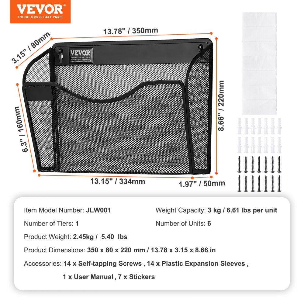 Hanging Wall Files Organizer, 6 Pack Single Pocket Mesh Wall File Holder, Metal Wall Folder Organizer with Nametag Label, for Office Home & School
