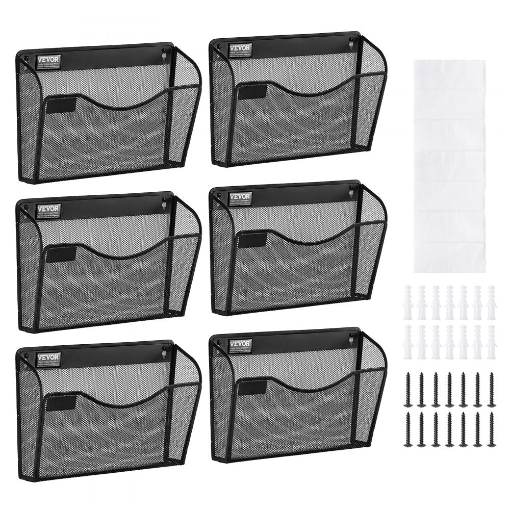 Hanging Wall Files Organizer, 6 Pack Single Pocket Mesh Wall File Holder, Metal Wall Folder Organizer with Nametag Label, for Office Home & School