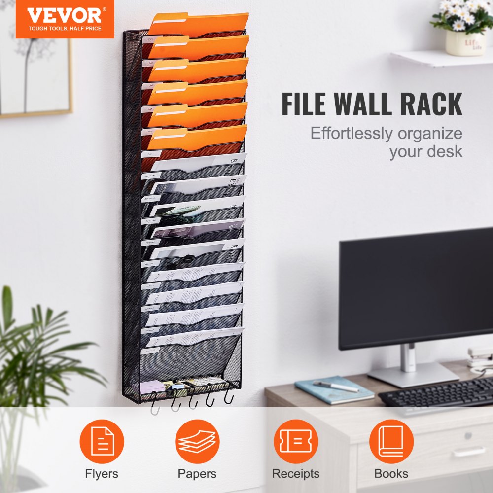 Hanging Wall Files Organizer, 16-Tier Vertical Wall File Holder, Metal Wall Mounted Magazine Mail Paper Document Storage Folder, with Nametag Label, Bottom Flat Tray, for Office Home & School