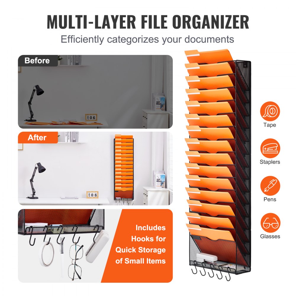 Hanging Wall Files Organizer, 16-Tier Vertical Wall File Holder, Metal Wall Mounted Magazine Mail Paper Document Storage Folder, with Nametag Label, Bottom Flat Tray, for Office Home & School