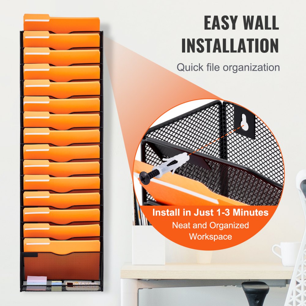 Hanging Wall Files Organizer, 16-Tier Vertical Wall File Holder, Metal Wall Mounted Magazine Mail Paper Document Storage Folder, with Nametag Label, Bottom Flat Tray, for Office Home & School