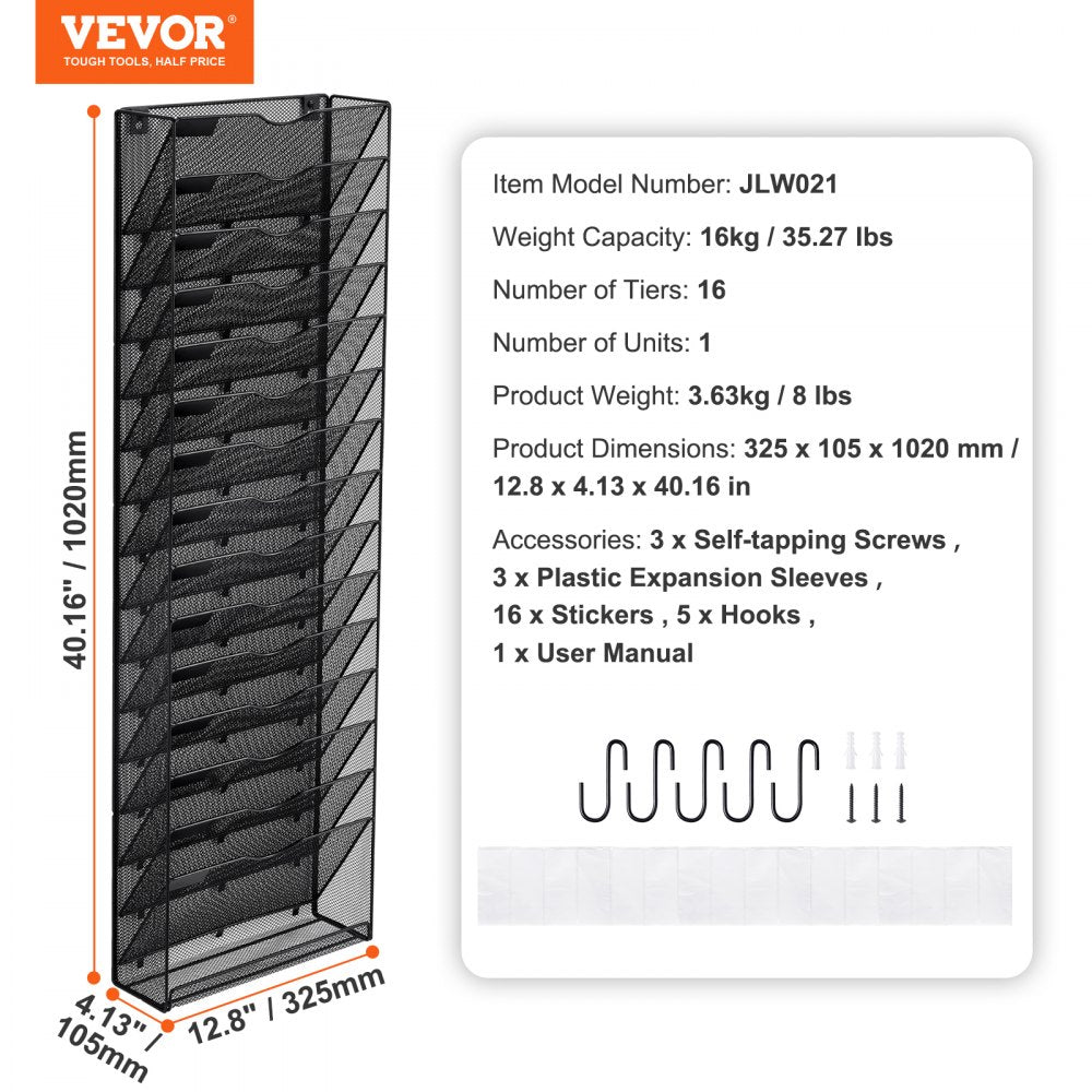 Hanging Wall Files Organizer, 16-Tier Vertical Wall File Holder, Metal Wall Mounted Magazine Mail Paper Document Storage Folder, with Nametag Label, Bottom Flat Tray, for Office Home & School