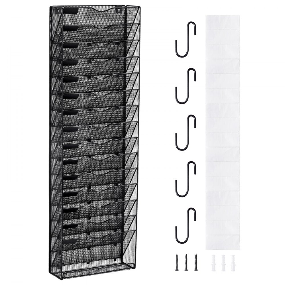 Hanging Wall Files Organizer, 16-Tier Vertical Wall File Holder, Metal Wall Mounted Magazine Mail Paper Document Storage Folder, with Nametag Label, Bottom Flat Tray, for Office Home & School