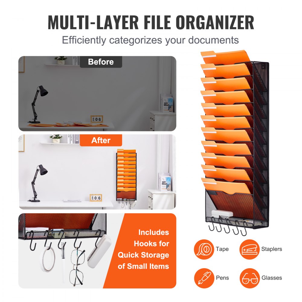File Wall Rack, One-Piece 12 Pockets Mesh Wall File Holder, Wall Mounted Magazine Mail Paper & Document Storage Folder, Metal Wall File Organizer with Nametag Label, for Office Home & School