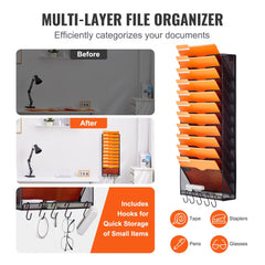 File Wall Rack, One-Piece 12 Pockets Mesh Wall File Holder, Wall Mounted Magazine Mail Paper & Document Storage Folder, Metal Wall File Organizer with Nametag Label, for Office Home & School