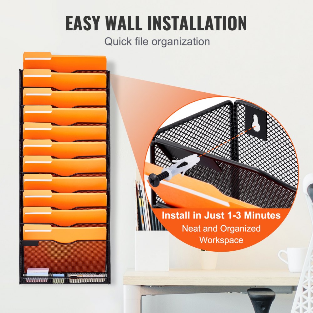 File Wall Rack, One-Piece 12 Pockets Mesh Wall File Holder, Wall Mounted Magazine Mail Paper & Document Storage Folder, Metal Wall File Organizer with Nametag Label, for Office Home & School