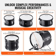 Kids Drum Set, 5-Piece, 16 in Beginner Full Drum Set with Bass Toms Snare Floor Drum Adjustable Throne Cymbal Hi-Hat Pedal and Two Pairs of Drumsticks, Starter Drum Kit for Child Kids, Black