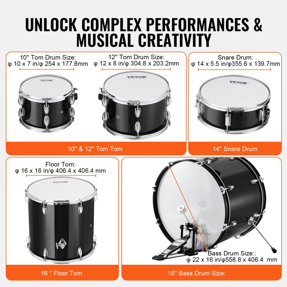 Adult Drum Set, 5-Piece, 22 inches Complete Full Size Drum Kit with Bass Toms Snare Floor Drum Adjustable Throne Stands Cymbal Hi-Hat Pedal and Drumsticks, Beginner Drum Kit for Adults, Black