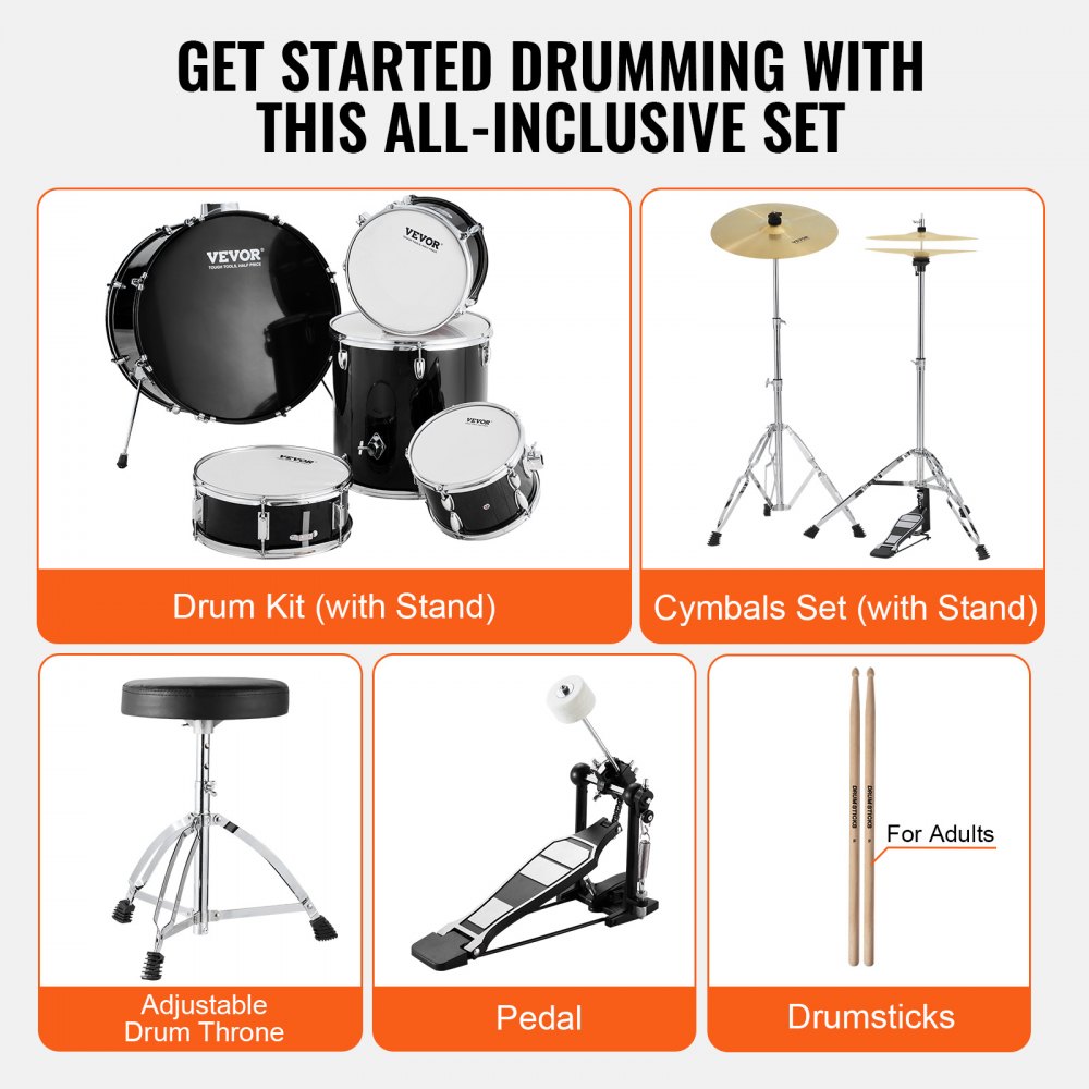 Adult Drum Set, 5-Piece, 22 inches Complete Full Size Drum Kit with Bass Toms Snare Floor Drum Adjustable Throne Stands Cymbal Hi-Hat Pedal and Drumsticks, Beginner Drum Kit for Adults, Black