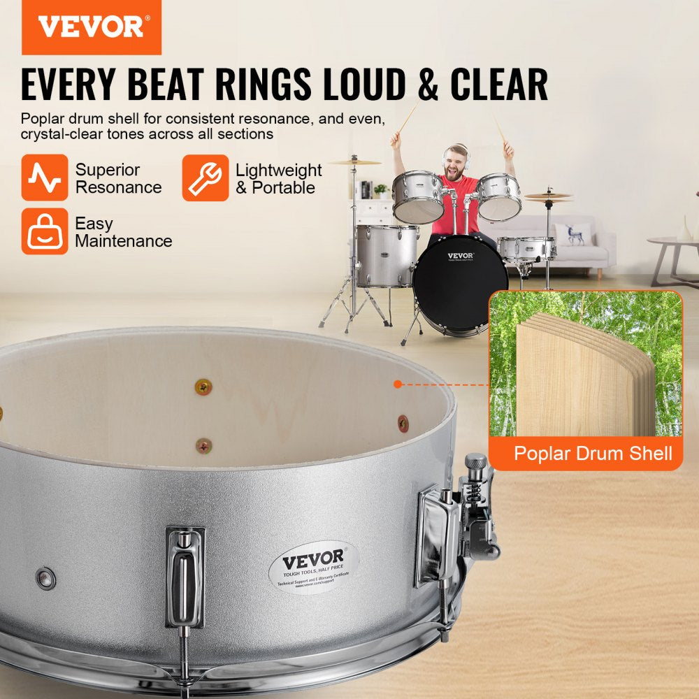 Adult Drum Set, 5-Piece, 22 inches Complete Full Size Drum Kit with Bass Toms Snare Floor Drum Adjustable Throne Stands Cymbal Hi-Hat Pedal and Drumsticks, Beginner Drum Kit for Adults, Silver
