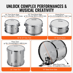 Adult Drum Set, 5-Piece, 22 inches Complete Full Size Drum Kit with Bass Toms Snare Floor Drum Adjustable Throne Stands Cymbal Hi-Hat Pedal and Drumsticks, Beginner Drum Kit for Adults, Silver