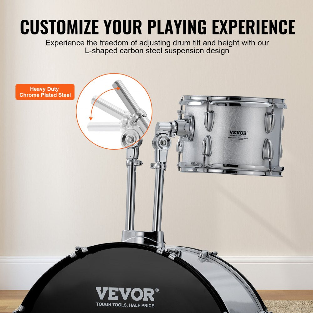 Adult Drum Set, 5-Piece, 22 inches Complete Full Size Drum Kit with Bass Toms Snare Floor Drum Adjustable Throne Stands Cymbal Hi-Hat Pedal and Drumsticks, Beginner Drum Kit for Adults, Silver