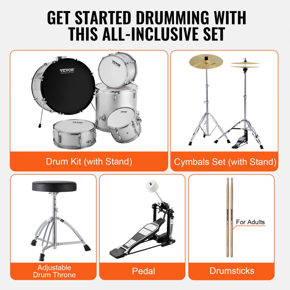 Adult Drum Set, 5-Piece, 22 inches Complete Full Size Drum Kit with Bass Toms Snare Floor Drum Adjustable Throne Stands Cymbal Hi-Hat Pedal and Drumsticks, Beginner Drum Kit for Adults, Silver