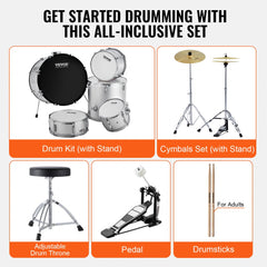 Adult Drum Set, 5-Piece, 22 inches Complete Full Size Drum Kit with Bass Toms Snare Floor Drum Adjustable Throne Stands Cymbal Hi-Hat Pedal and Drumsticks, Beginner Drum Kit for Adults, Silver