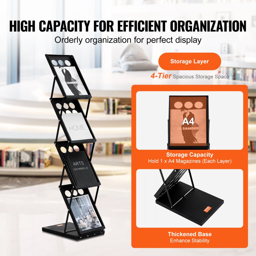 Foldable Magazine Display Rack, 4-Tier Brochure Literature Display Stand, Portable Catalog Brochure Holder Stand with Carrying Bag for Office Trade Show Exhibitions, 4 Pockets