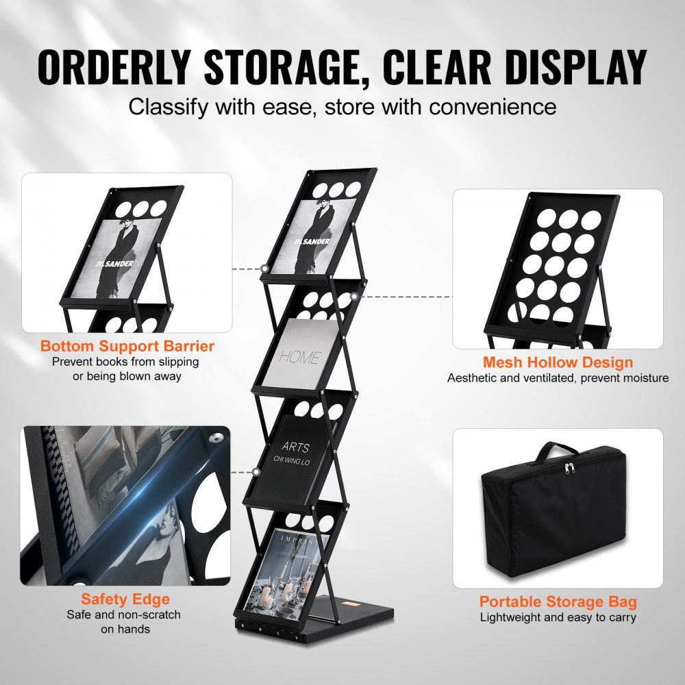 Foldable Magazine Display Rack, 4-Tier Brochure Literature Display Stand, Portable Catalog Brochure Holder Stand with Carrying Bag for Office Trade Show Exhibitions, 4 Pockets
