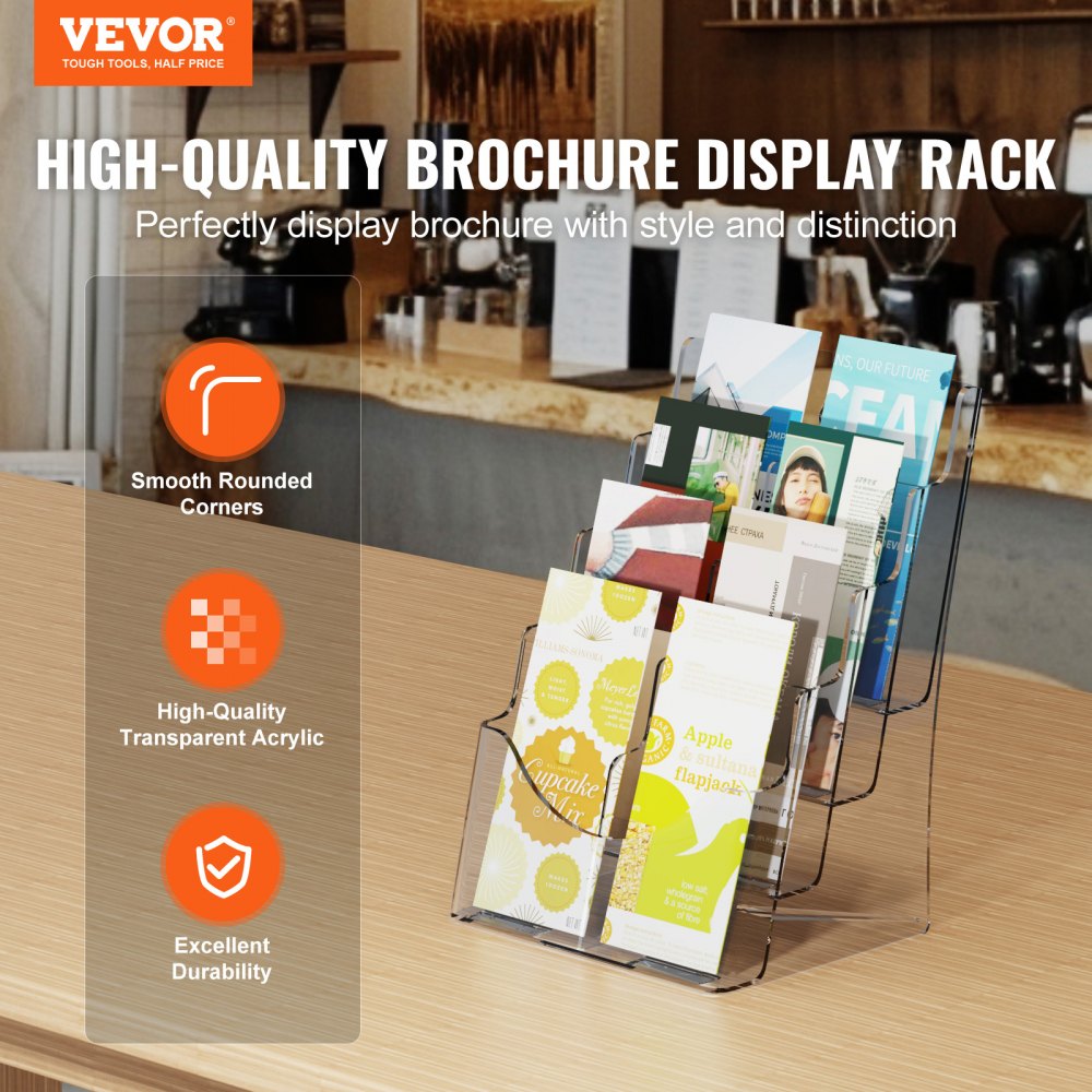 Acrylic Brochure Holder 8.5 x 11 inch, 4-Tier Clear Acrylic Literature Display Stand, Plastic Literature Organizer Flyer Stand & Removable Divider for Office Exhibition, Countertop or Wall Mount