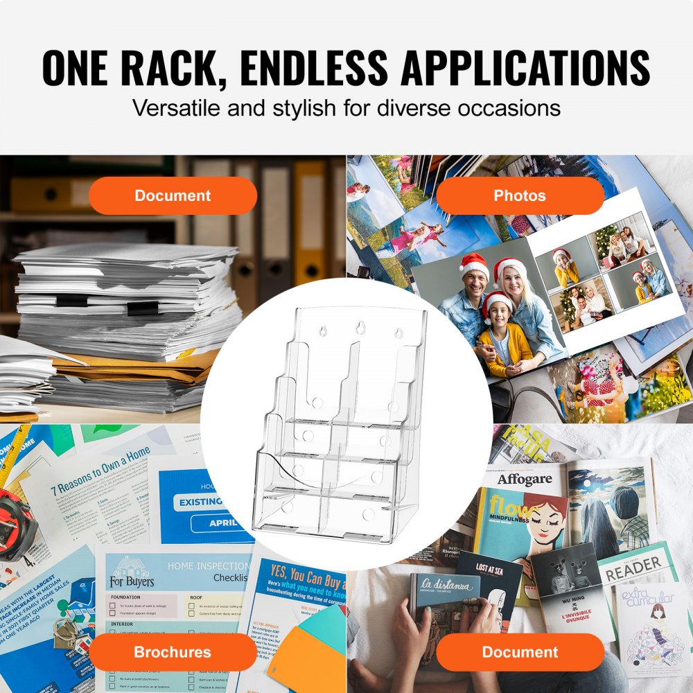 Acrylic Brochure Holder 8.5 x 11 inch, 4-Tier Clear Acrylic Literature Display Stand, Plastic Literature Organizer Flyer Stand & Removable Divider for Office Exhibition, Countertop or Wall Mount