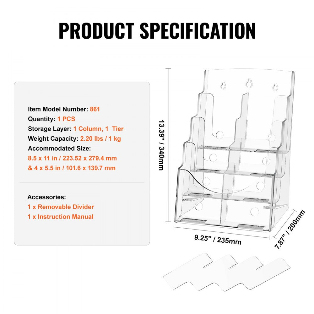 Acrylic Brochure Holder 8.5 x 11 inch, 4-Tier Clear Acrylic Literature Display Stand, Plastic Literature Organizer Flyer Stand & Removable Divider for Office Exhibition, Countertop or Wall Mount