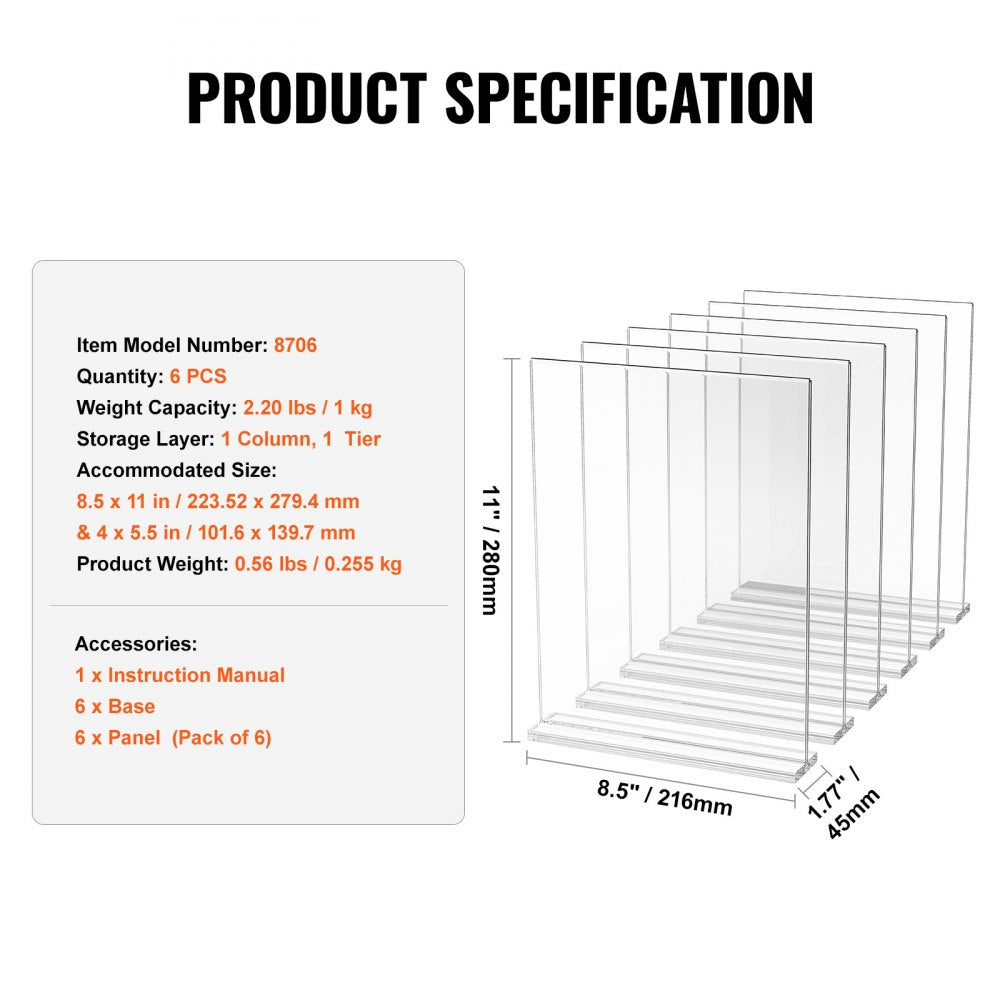 Acrylic Sign Holder, 6 Pack 8.5 x 11-inch Brochure Display Holders, T-Shape Double Sided Display Sign Stand, Clear Acrylic Table Menu Photo Paper Holder for Restaurant Office Wedding Bar