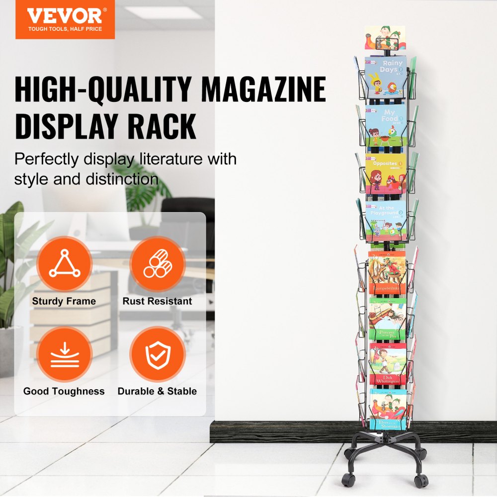 Greeting Cards Display Rack, 32 Pockets Rotating Postcard Brochure Display Stand, 360° Spinning Card Display Rack with Sign Holder & 4 Wheels (2 Lockable) for Exhibitions Office Trade Show
