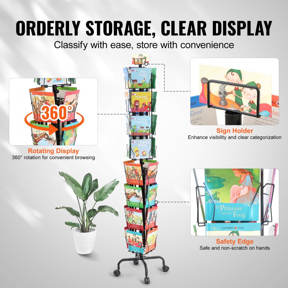 Greeting Cards Display Rack, 32 Pockets Rotating Postcard Brochure Display Stand, 360° Spinning Card Display Rack with Sign Holder & 4 Wheels (2 Lockable) for Exhibitions Office Trade Show