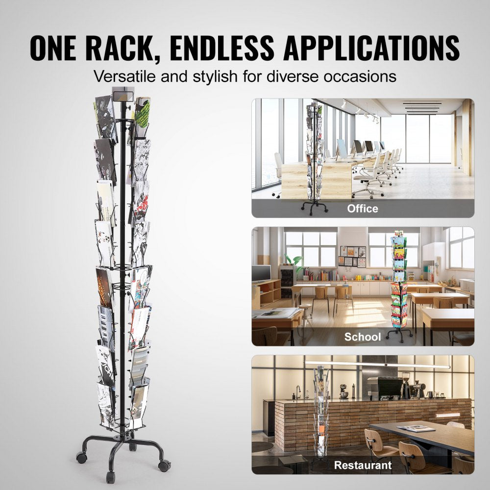Greeting Cards Display Rack, 32 Pockets Rotating Postcard Brochure Display Stand, 360° Spinning Card Display Rack with Sign Holder & 4 Wheels (2 Lockable) for Exhibitions Office Trade Show