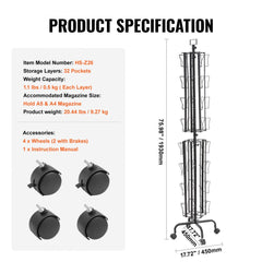 Greeting Cards Display Rack, 32 Pockets Rotating Postcard Brochure Display Stand, 360° Spinning Card Display Rack with Sign Holder & 4 Wheels (2 Lockable) for Exhibitions Office Trade Show