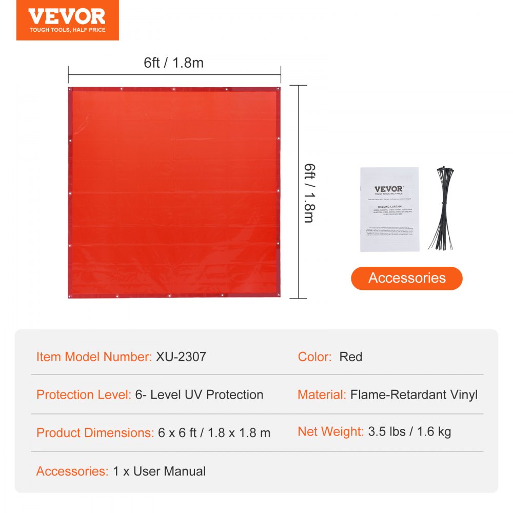 Welding Curtain Screen, 6` x 6` Hanging Welding Curtain Wall, Flame-Resistant Vinyl Welding Protection Screens with 6-Level UV Protection & Hanging Holes, Portable for Workshop/Industrial, Red