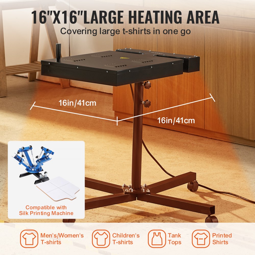 16x16 inch flash dryer with adjustable stand for screen printing, 1800W power.