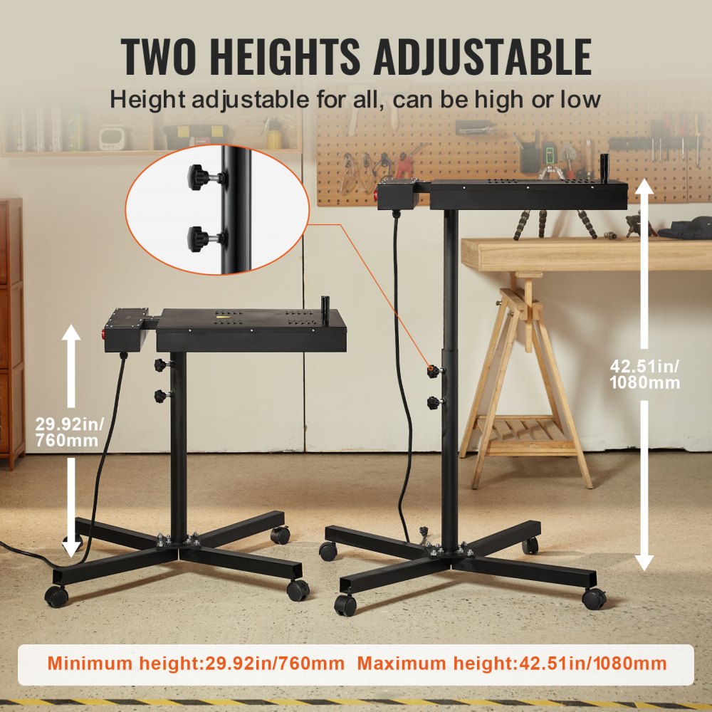 Height-adjustable stand for 16x16 inch flash dryer, showing 30-42 inch range and swivel base.