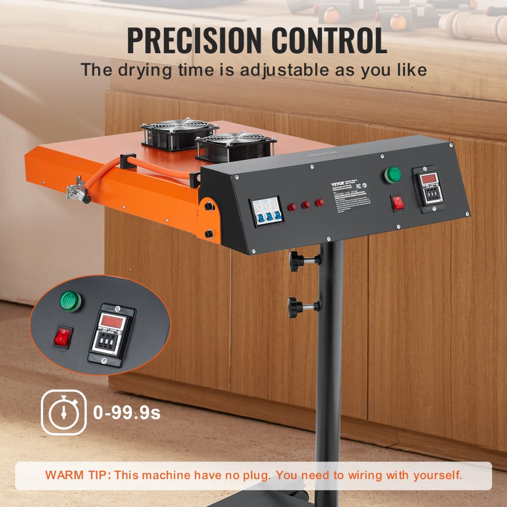 An orange and black infrared flash dryer with a control panel and two fans.